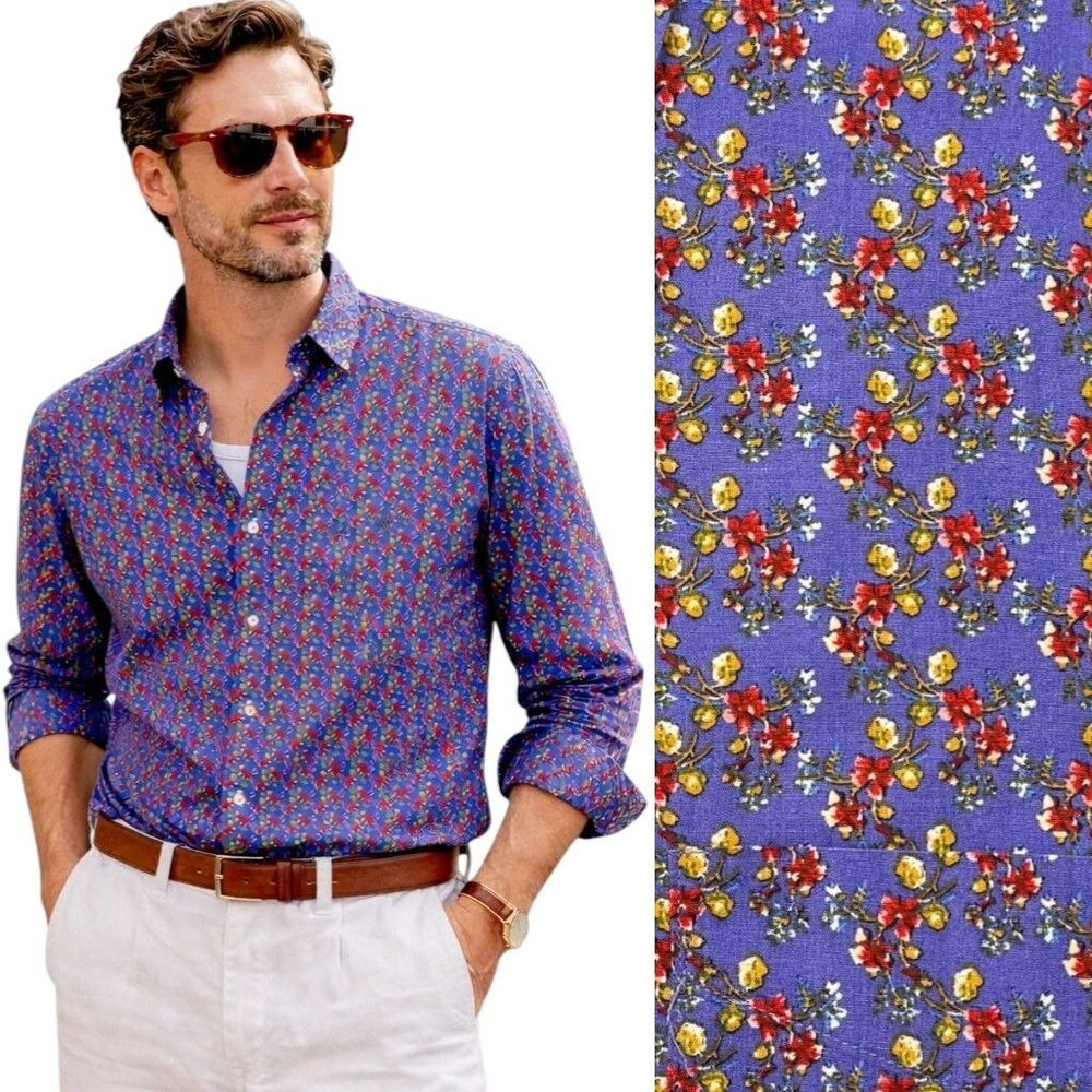 Alan Flusser 90s‎ Retro Floral Button Up Shirt Mens XL Purple Red Euro Summer